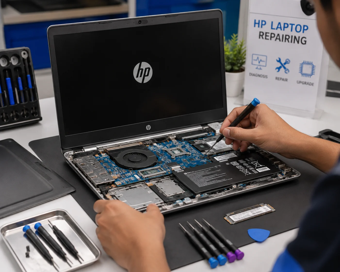 Technician working on an HP laptop at a service workstation in Kolkata